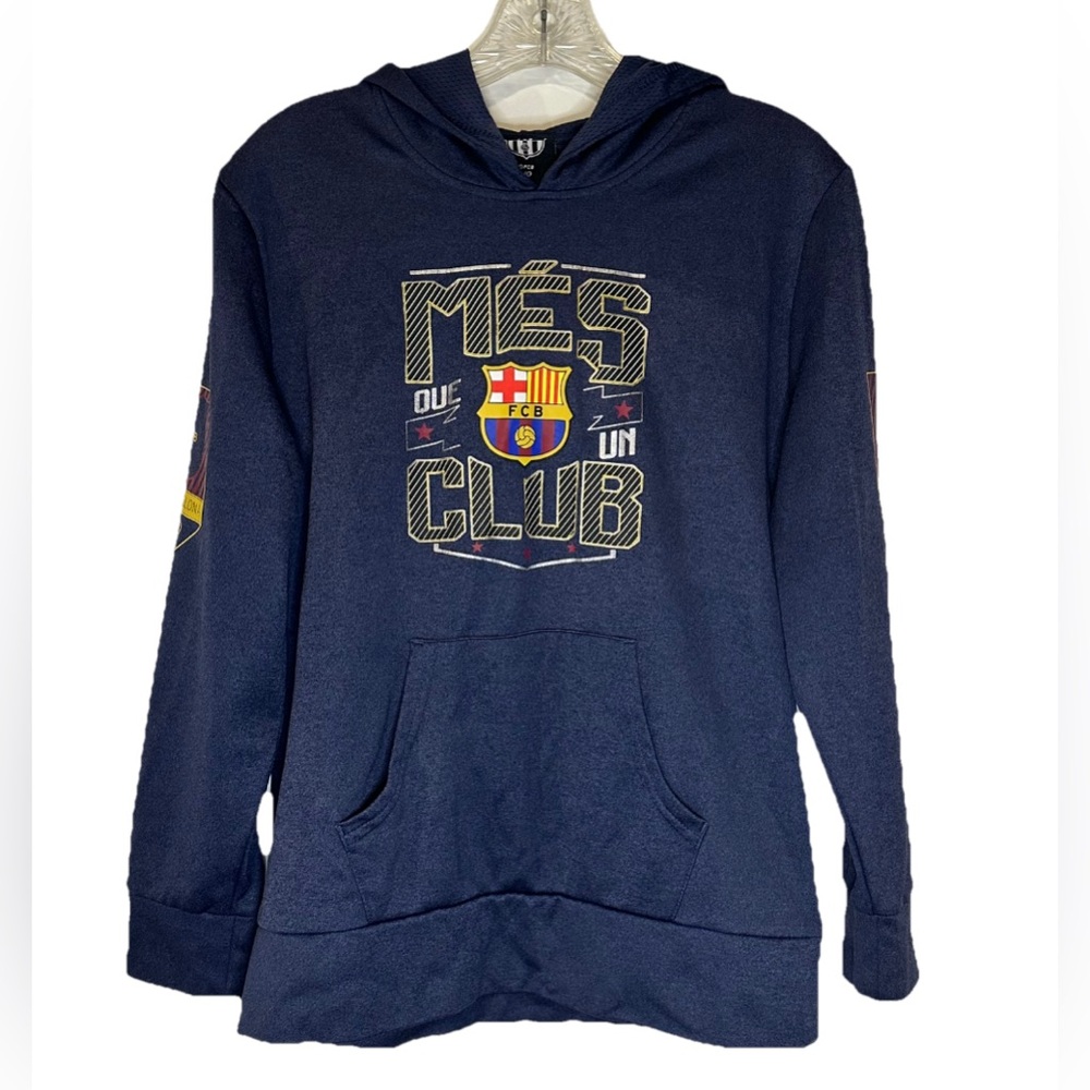 FC Barcelona Mes Que Un Club Pullover Hoodie Sweater Blue Lightweight Boys L‎